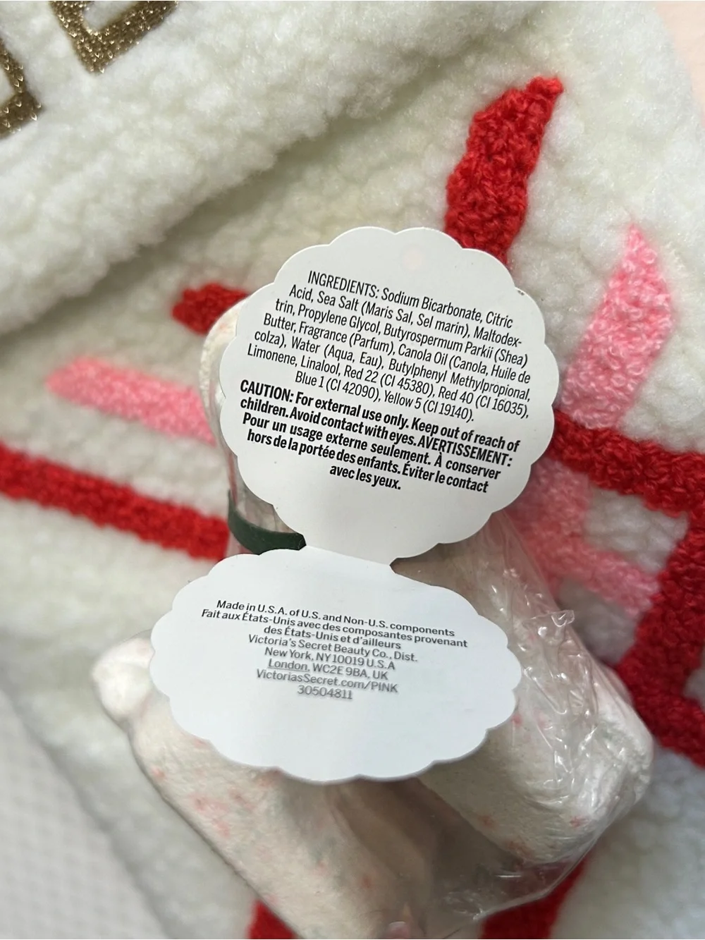 PINK Victoria's Secret White Sherpa Stocking and VS PINK BATH BOMB